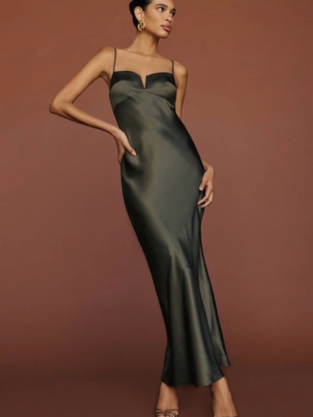 Reformation Dark Olive Slip Maxi Dress with Spaghetti Straps